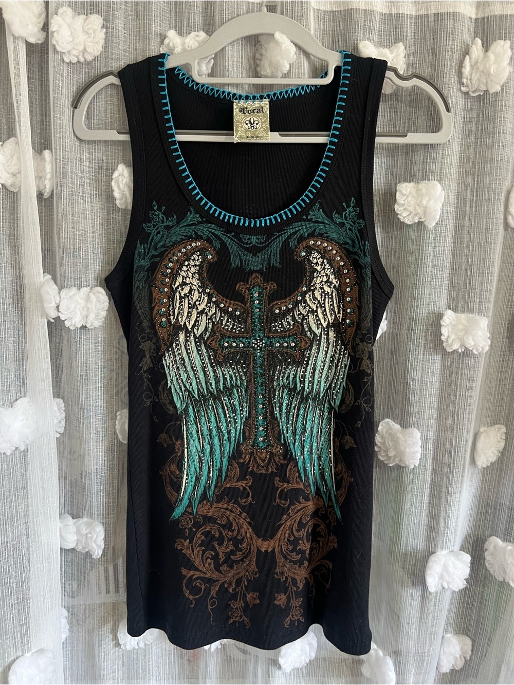 Vocal Embellished Black Tank with Turquoise Winged Cross